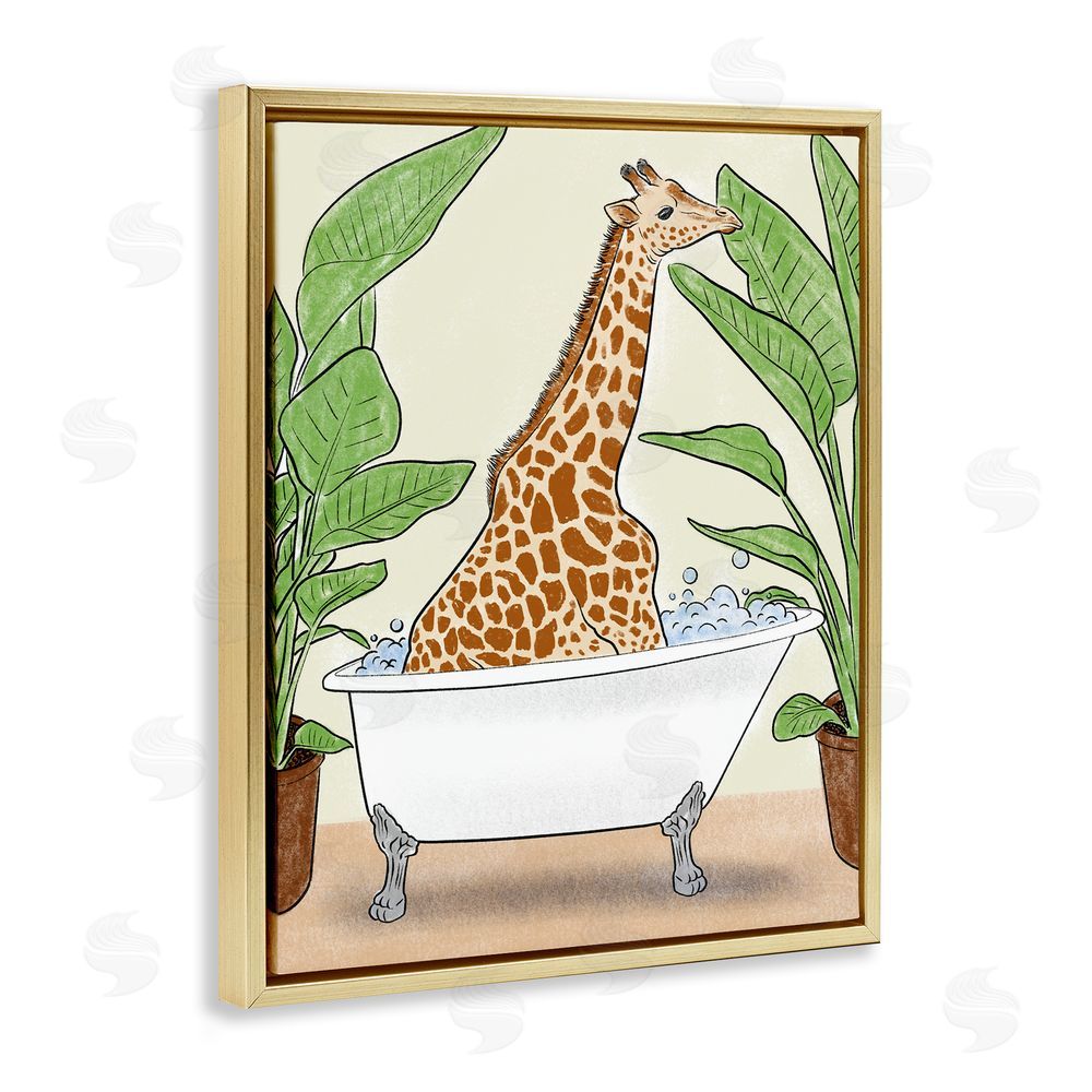 Marcus Prime Bathing Giraffe & Plants Gold Floating Frame Canvas Wall Art Print