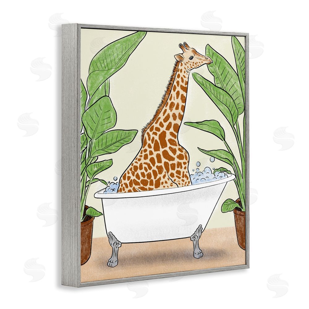Marcus Prime Bathing Giraffe & Plants Gray Framed Giclee Wall Art Print