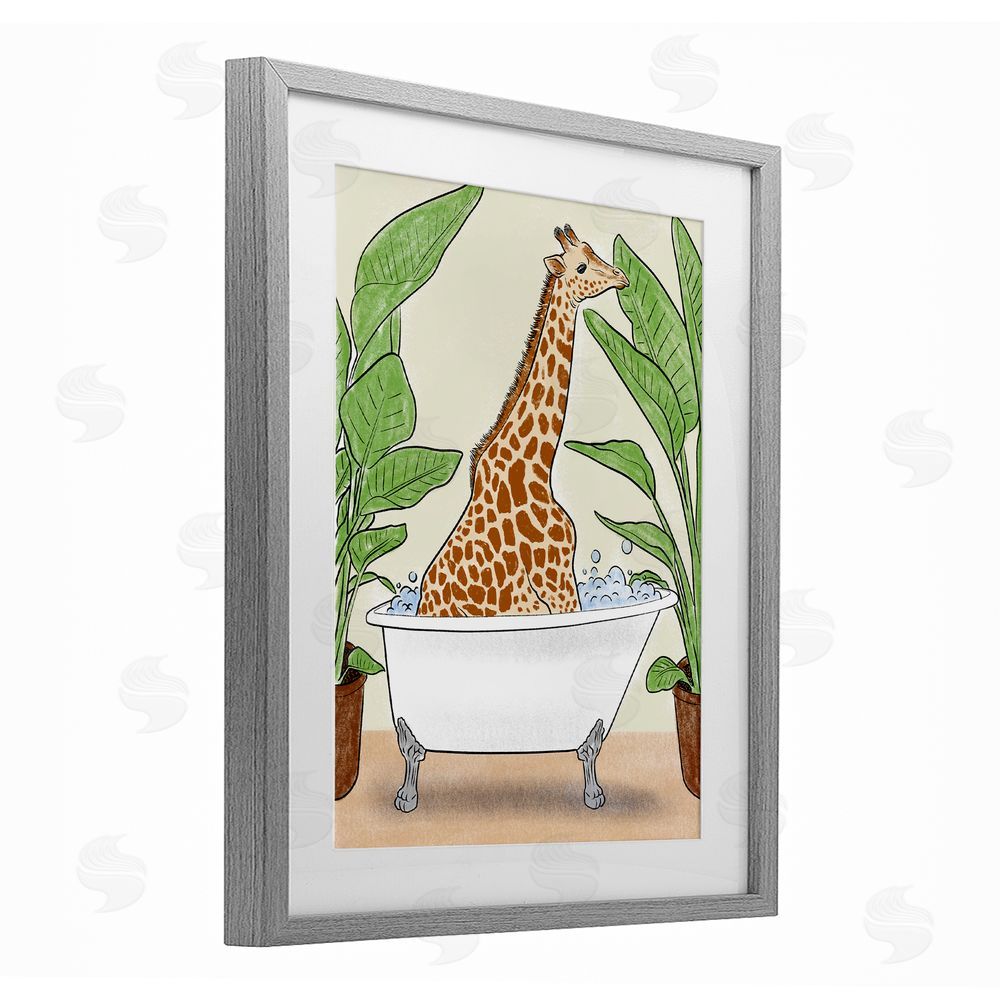 Marcus Prime Bathing Giraffe & Plants Gray Framed Print Under Glass Wall Art