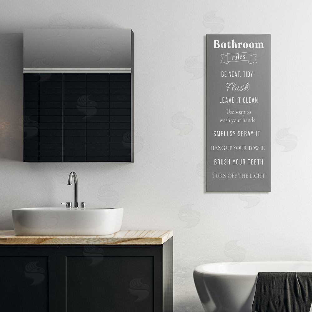 Julia Frost Bathroom Rules Reminders Stretched Canvas Wall Art in Room