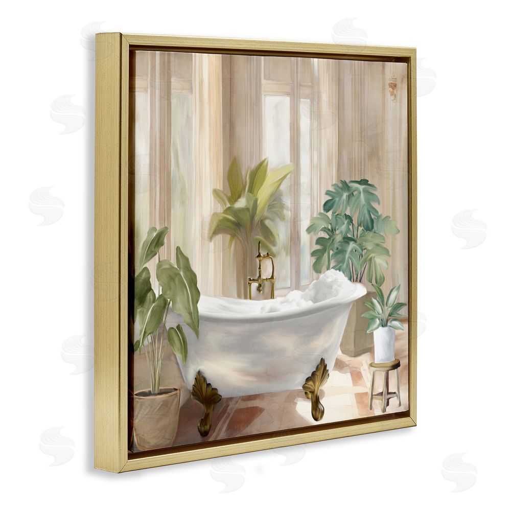 Kim Allen Serenity Bathroom Plants Gold Floating Frame Canvas Wall Art Print
