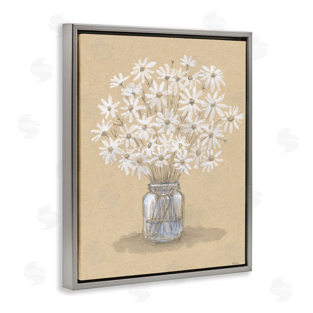 Patti Bishop Daisies Jar Drawing Gray Floating Frame Canvas Wall Art Print