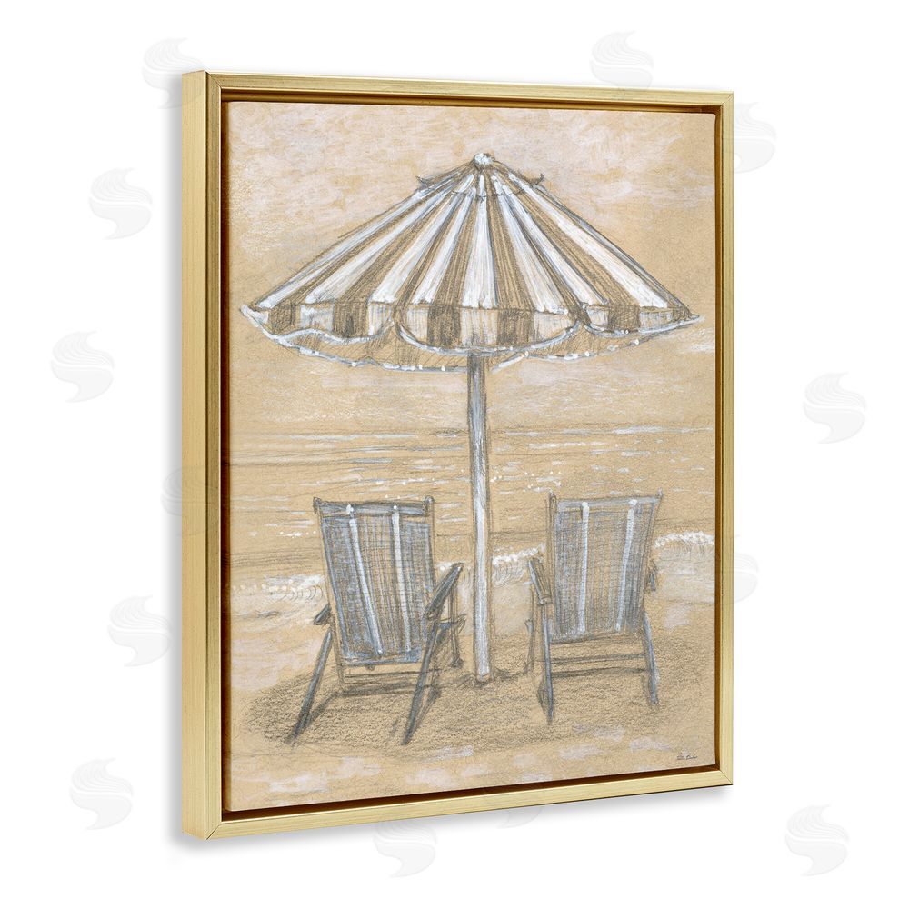 Patti Bishop Umbrella & Chairs Drawing Gold Floating Frame Canvas Wall Art Print