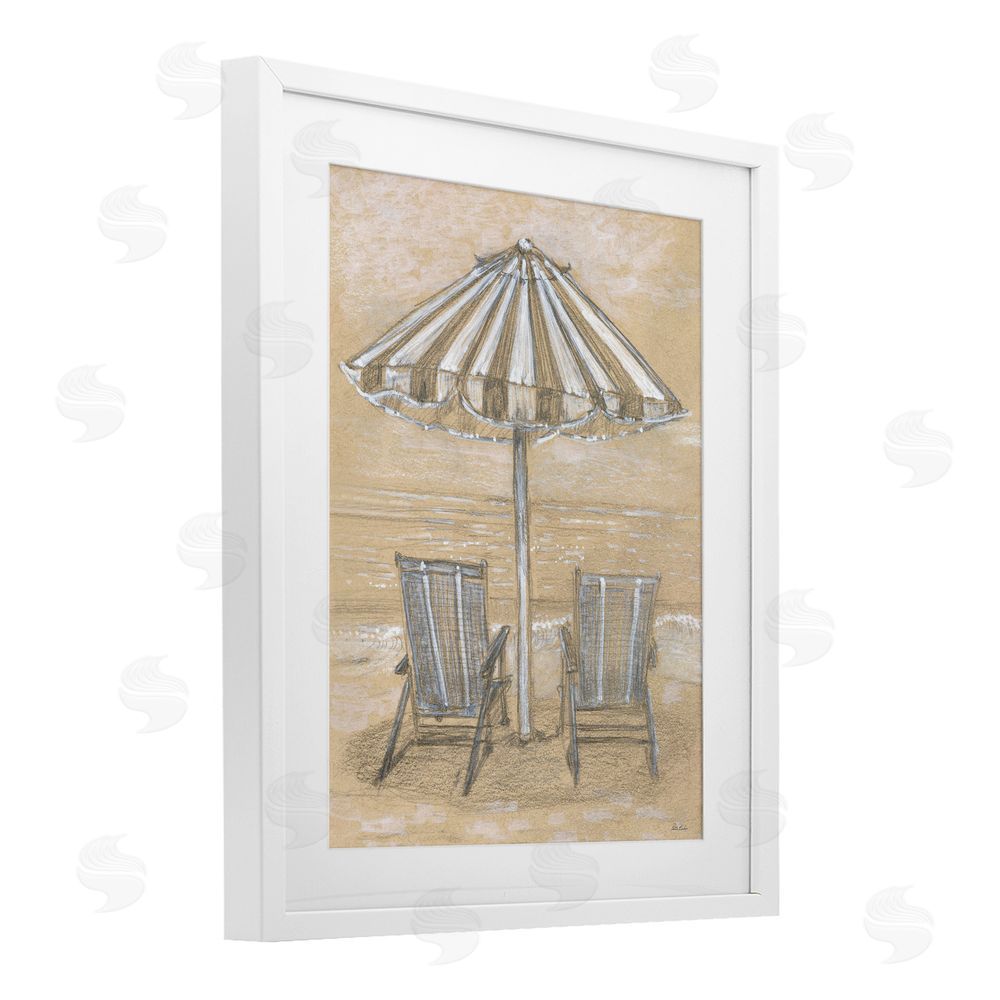 Patti Bishop Umbrella & Chairs Drawing White Framed Print Under Glass Wall Art