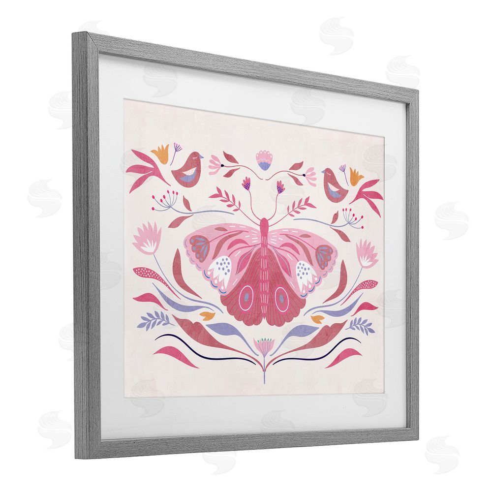 Kim Allen Pink Boho Butterfly Gray Framed Print Under Glass Wall Art