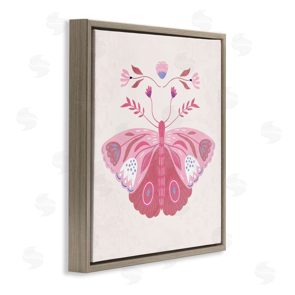 Kim Allen Boho Pink Folk Butterfly Brown Floating Frame Canvas Wall Art Print