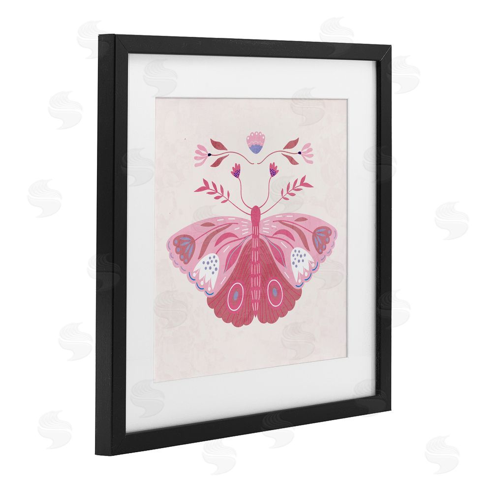 Kim Allen Boho Pink Folk Butterfly Black Framed Print Under Glass Wall Art