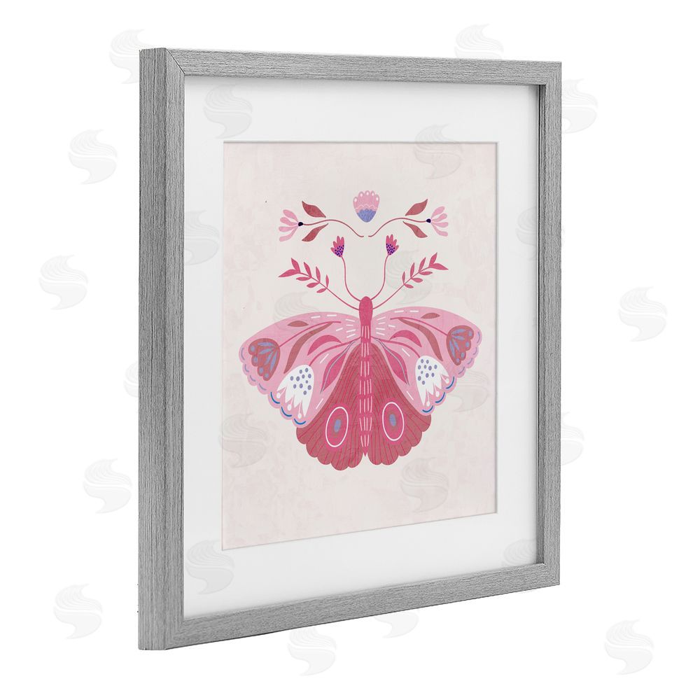 Kim Allen Boho Pink Folk Butterfly Gray Framed Print Under Glass Wall Art