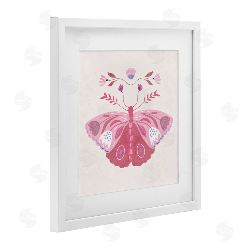 Kim Allen Boho Pink Folk Butterfly White Framed Print Under Glass Wall Art