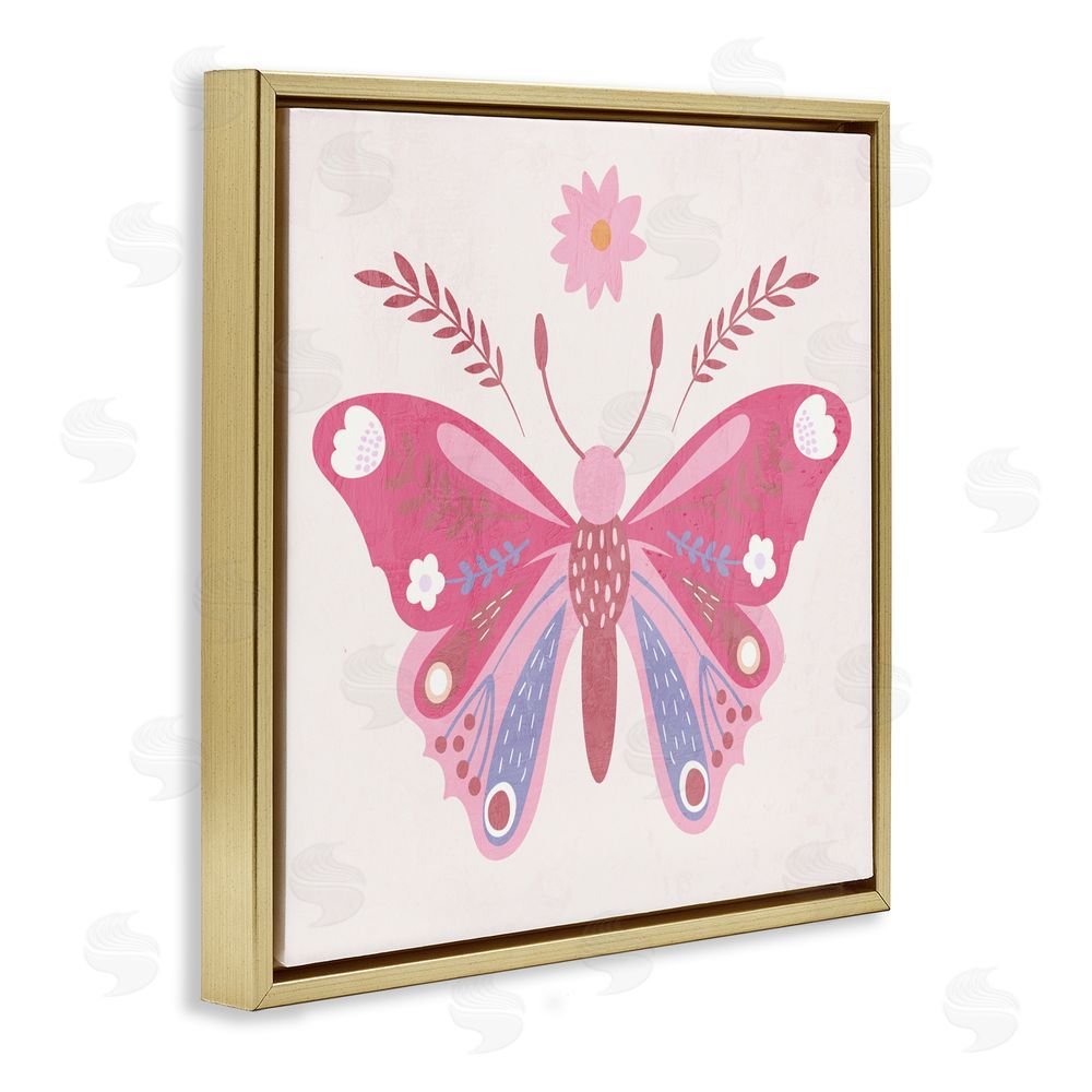 Kim Allen Folk Butterfly in Pink Gold Floating Frame Canvas Wall Art Print