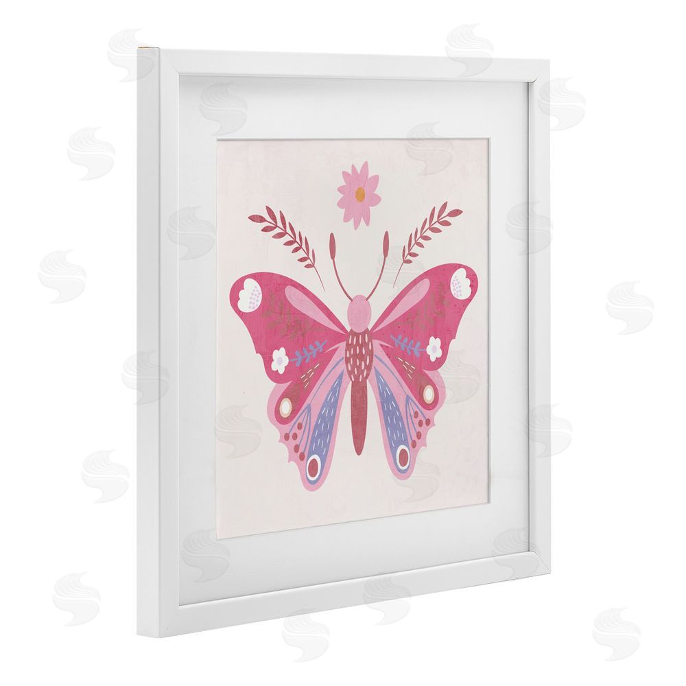 Kim Allen Folk Butterfly in Pink White Framed Print Under Glass Wall Art