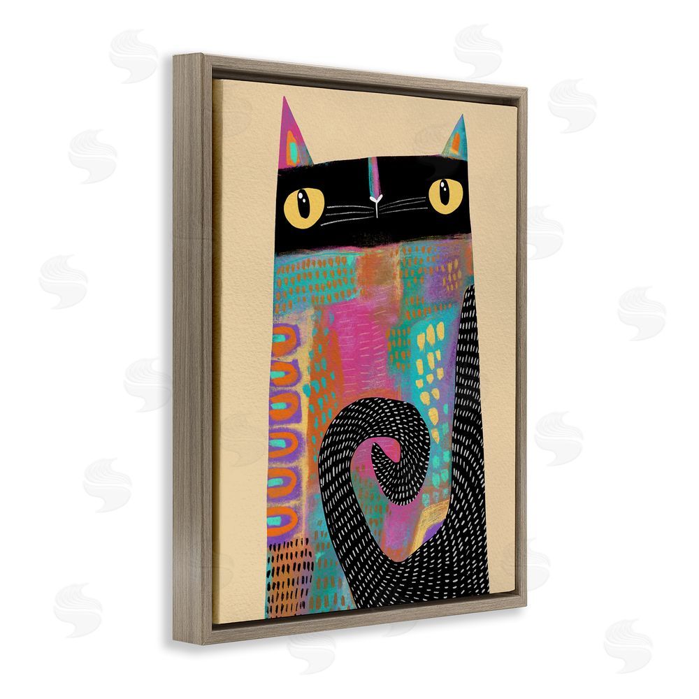 Gabriela Avila Stylized Colorful Cat Brown Floating Frame Canvas Wall Art Print