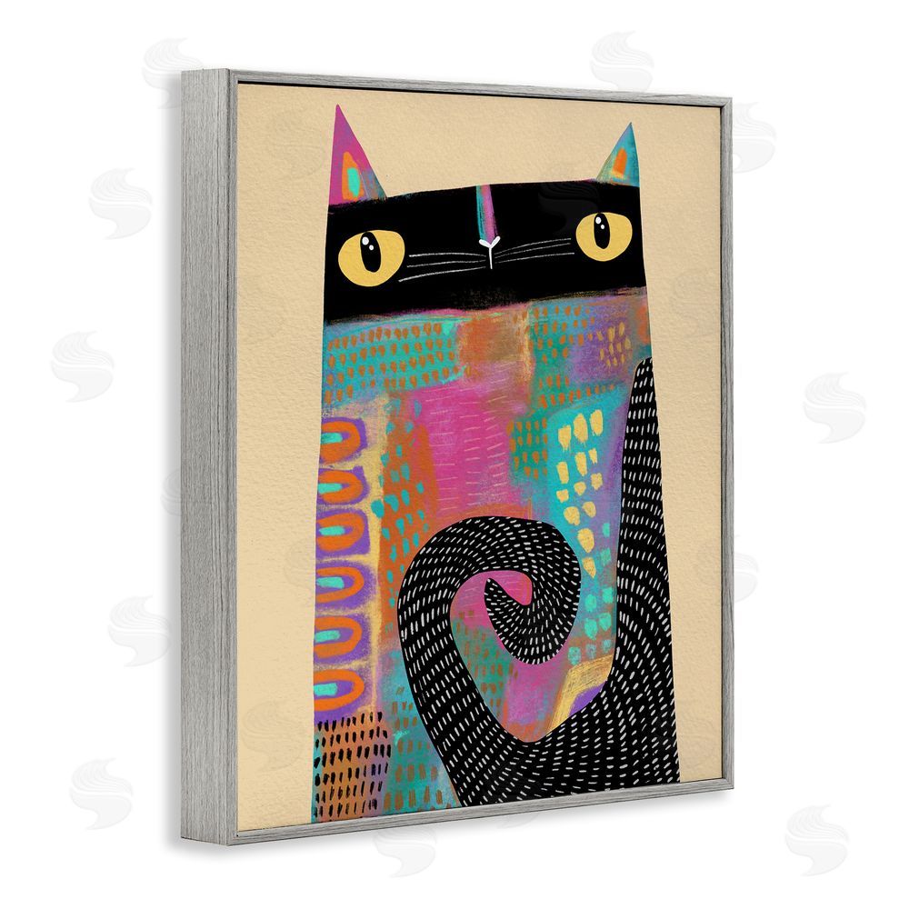 Gabriela Avila Stylized Colorful Cat Gray Framed Giclee Wall Art Print