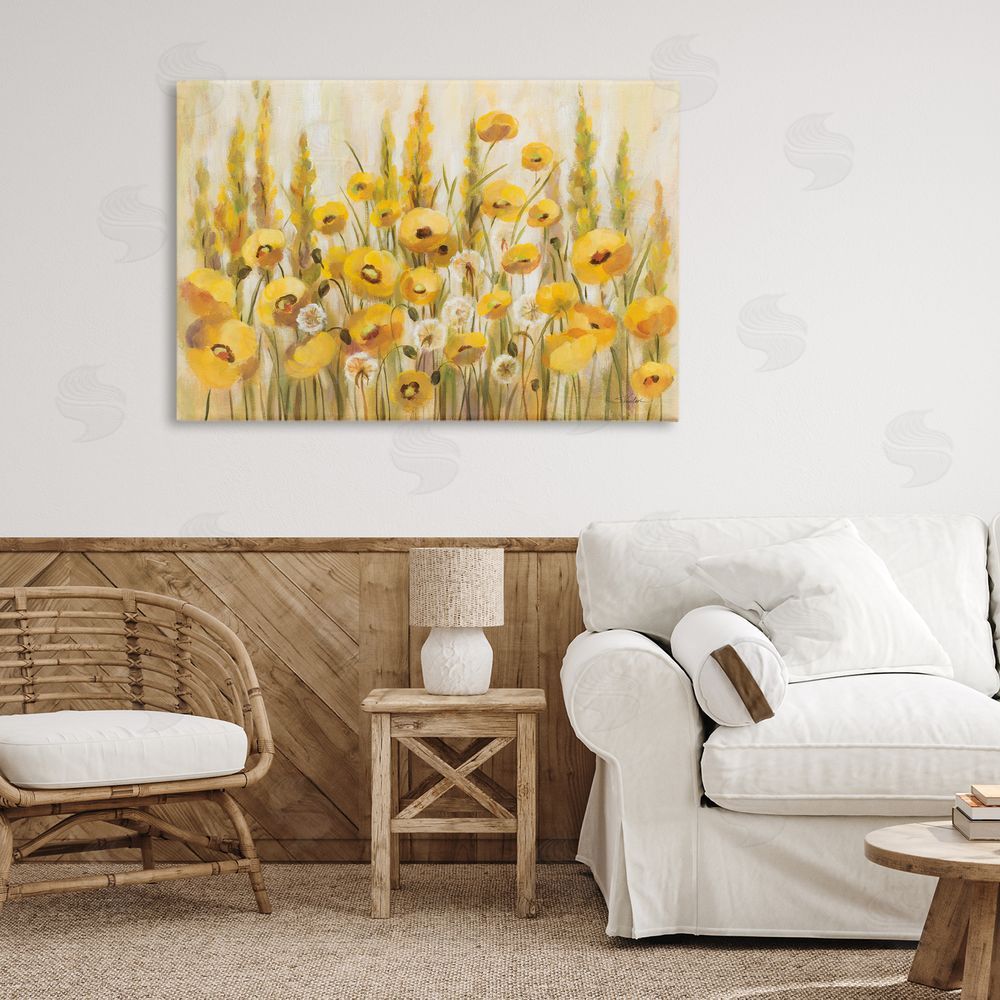 Silvia Vassileva Yellow Field of Poppies Stretched Canvas Wall Art in Room