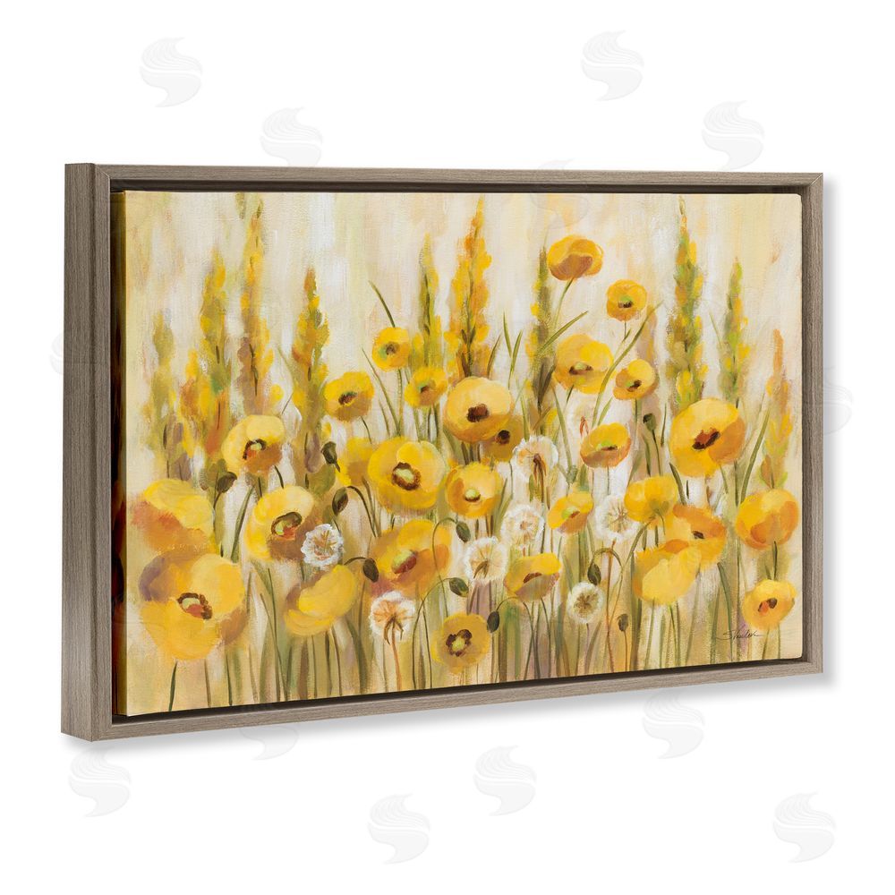 Silvia Vassileva Yellow Field of Poppies Brown Floating Frame Canvas Wall Art Print