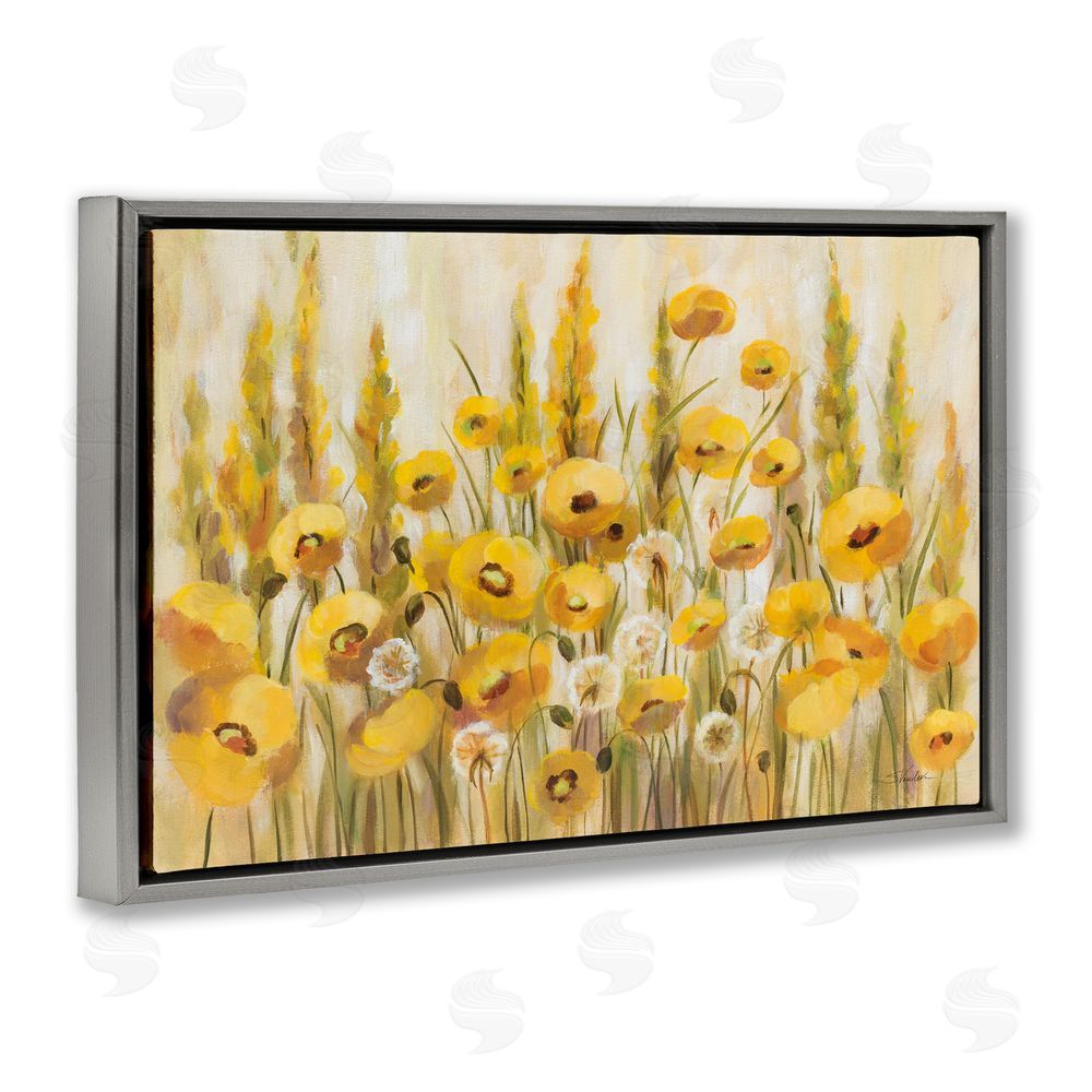 Silvia Vassileva Yellow Field of Poppies Gray Floating Frame Canvas Wall Art Print