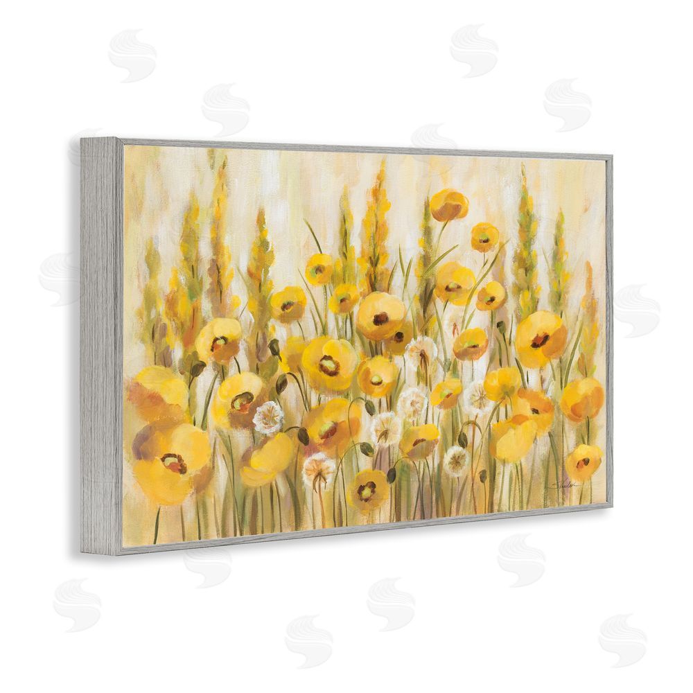 Silvia Vassileva Yellow Field of Poppies Gray Framed Giclee Wall Art Print