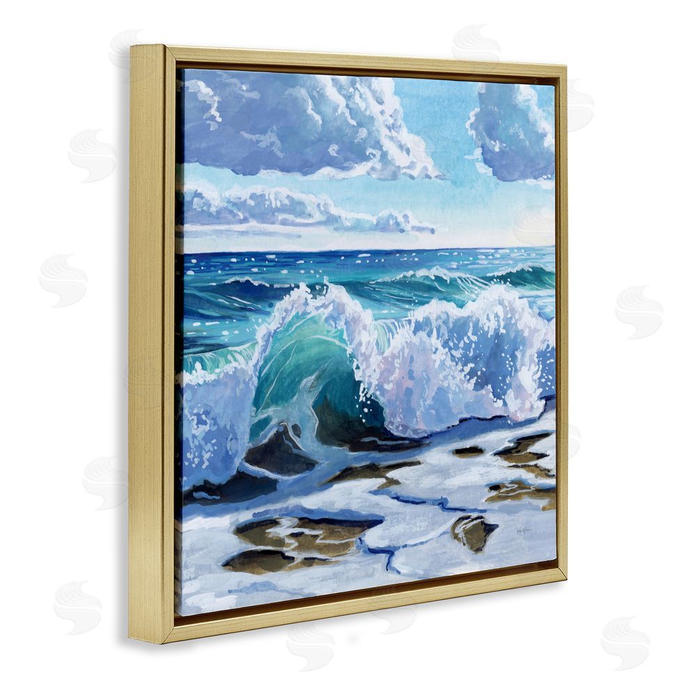 Kate Jarvik Birch Curling Aqua Wave on Shore Gold Floating Frame Canvas Wall Art Print