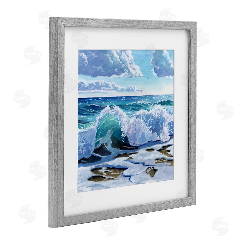 Kate Jarvik Birch Curling Aqua Wave on Shore Gray Framed Print Under Glass Wall Art