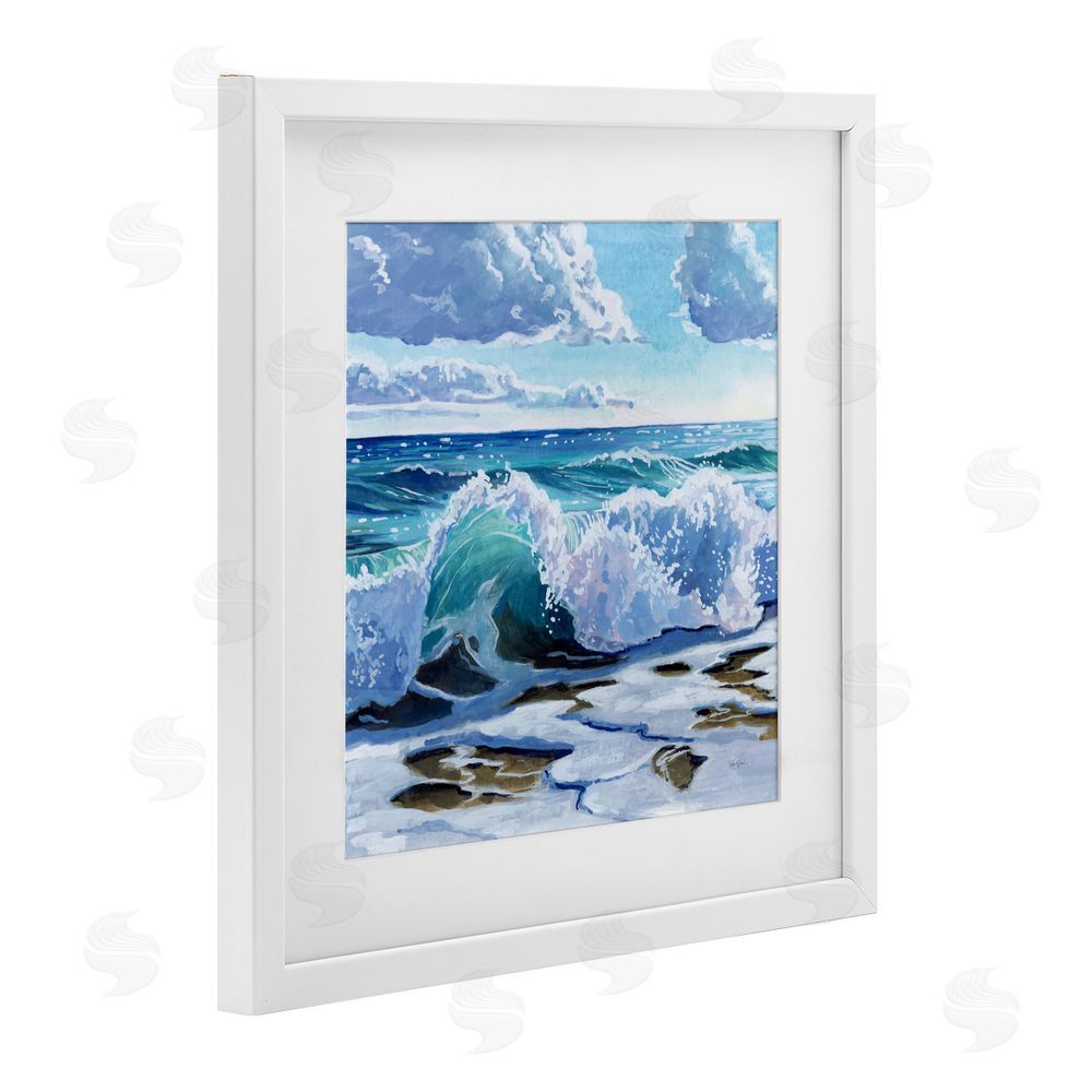 Kate Jarvik Birch Curling Aqua Wave on Shore White Framed Print Under Glass Wall Art