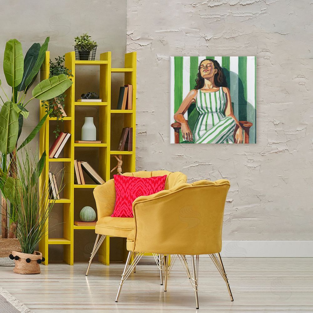 Kate Jarvik Birch Relaxing In A Striped Dress Stretched Canvas Wall Art in Room