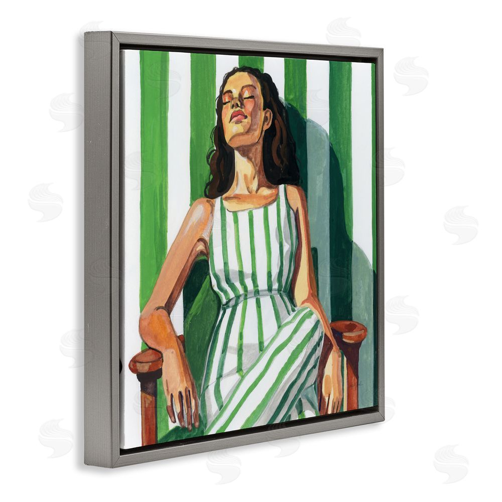 Kate Jarvik Birch Relaxing In A Striped Dress Gray Floating Frame Canvas Wall Art Print