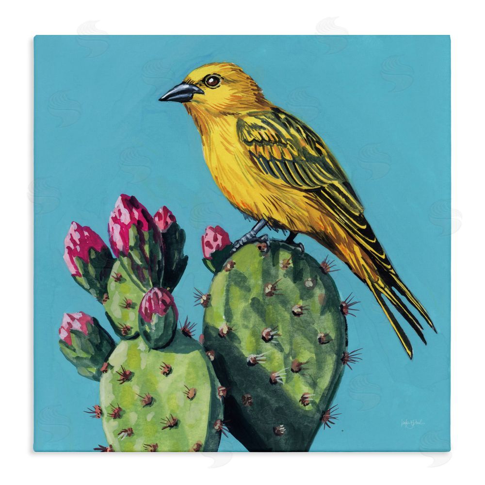 Kate Jarvik Birch Yellow Bird on Cacti Bloom Stretched Canvas Wall Art Print
