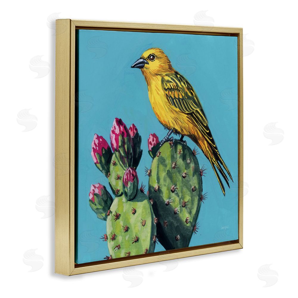 Kate Jarvik Birch Yellow Bird on Cacti Bloom Gold Floating Frame Canvas Wall Art Print