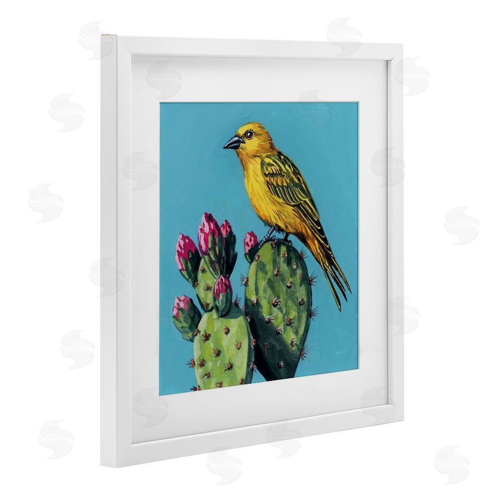 Kate Jarvik Birch Yellow Bird on Cacti Bloom White Framed Print Under Glass Wall Art