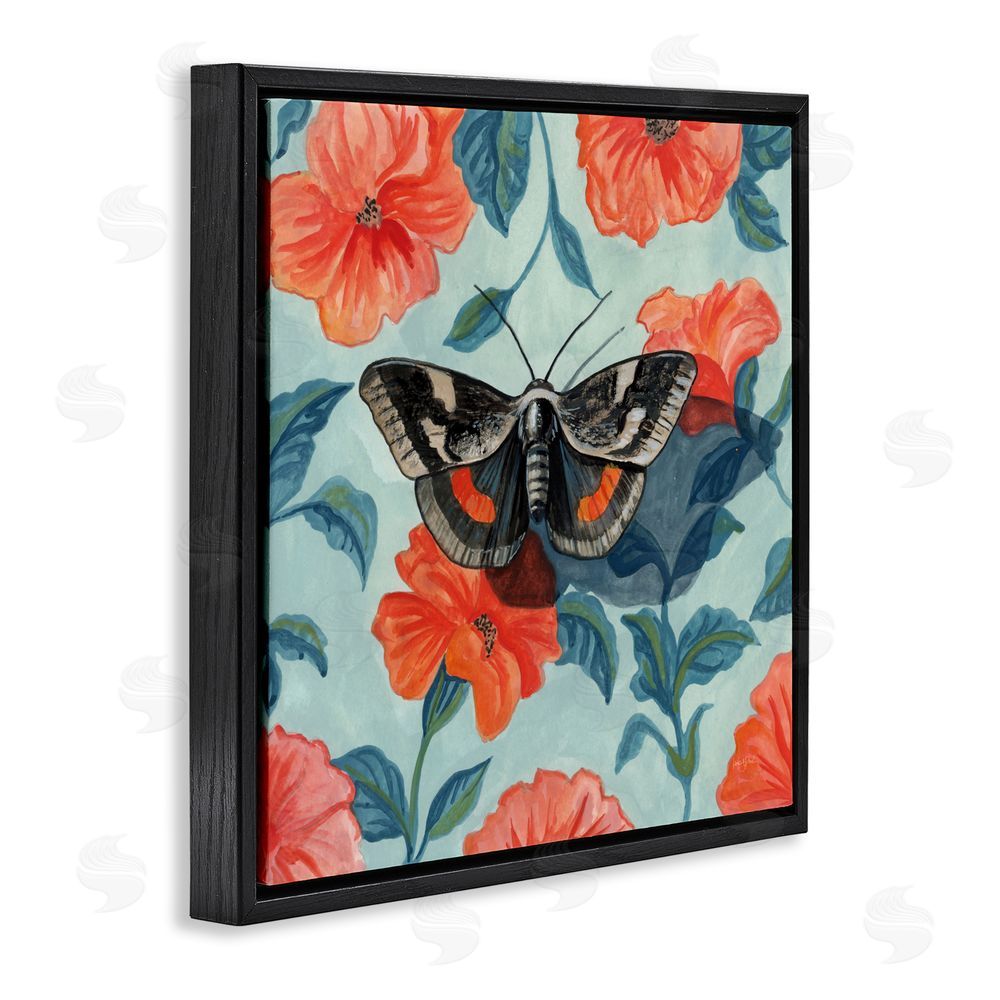 Kate Jarvik Birch Academia Moth On Floral Black Floating Frame Canvas Wall Art Print