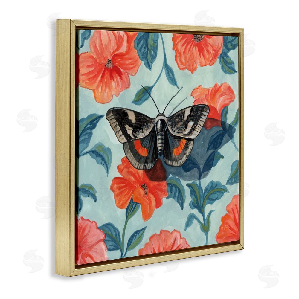 Kate Jarvik Birch Academia Moth On Floral Gold Floating Frame Canvas Wall Art Print
