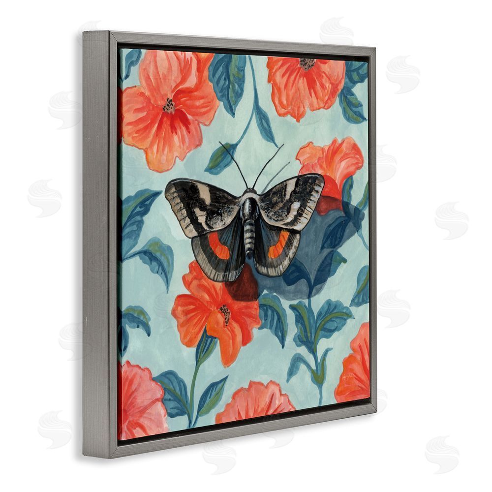 Kate Jarvik Birch Academia Moth On Floral Gray Floating Frame Canvas Wall Art Print