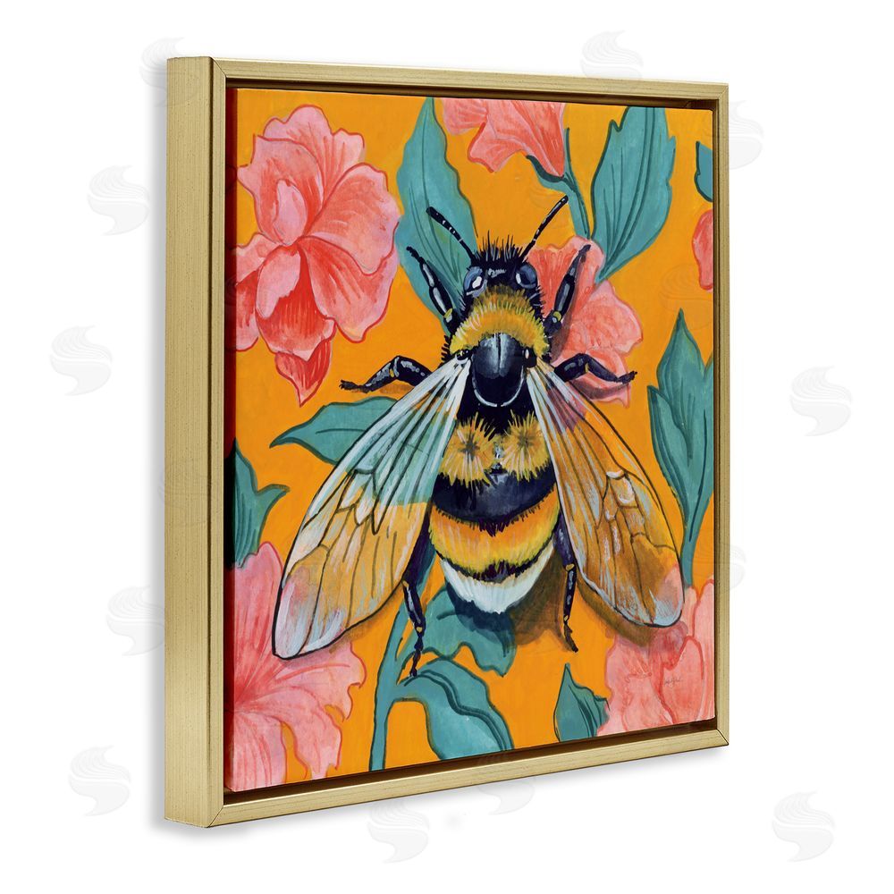 Kate Jarvik Birch Bumble Bee & Flower Pattern Gold Floating Frame Canvas Wall Art Print