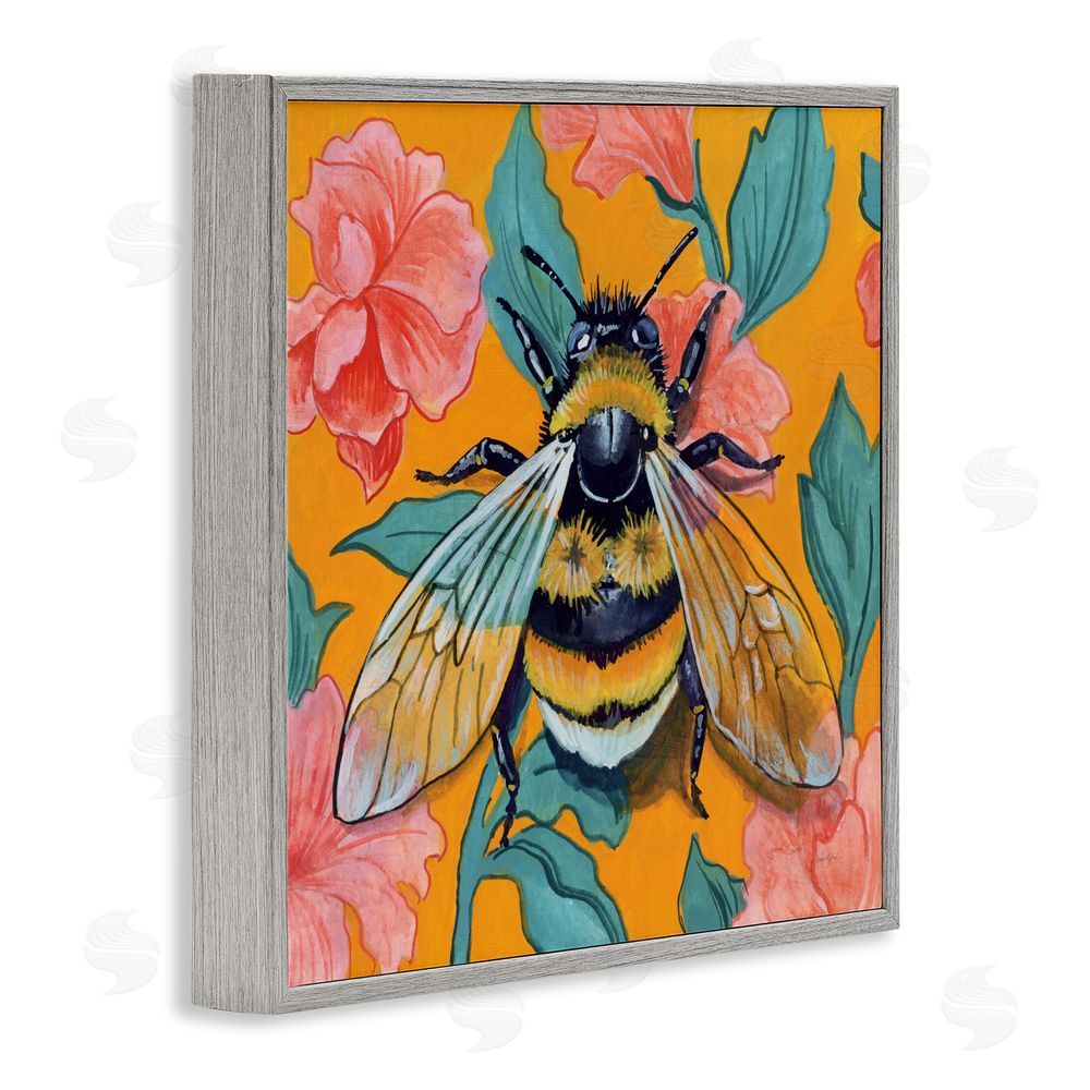 Kate Jarvik Birch Bumble Bee & Flower Pattern Gray Framed Giclee Wall Art Print