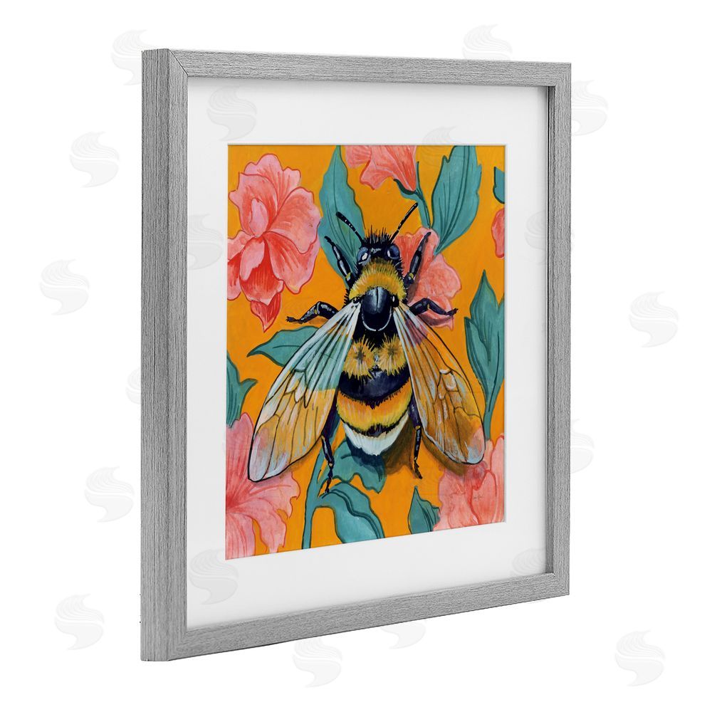 Kate Jarvik Birch Bumble Bee & Flower Pattern Gray Framed Print Under Glass Wall Art