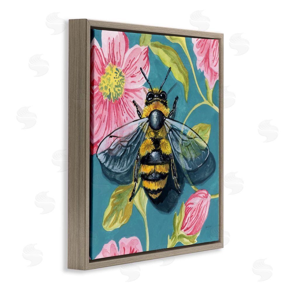 Kate Jarvik Birch Fuzzy Bee On Floral Pattern Brown Floating Frame Canvas Wall Art Print
