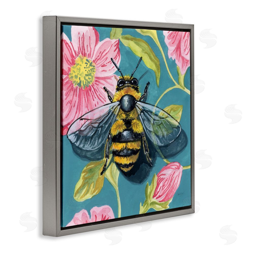 Kate Jarvik Birch Fuzzy Bee On Floral Pattern Gray Floating Frame Canvas Wall Art Print