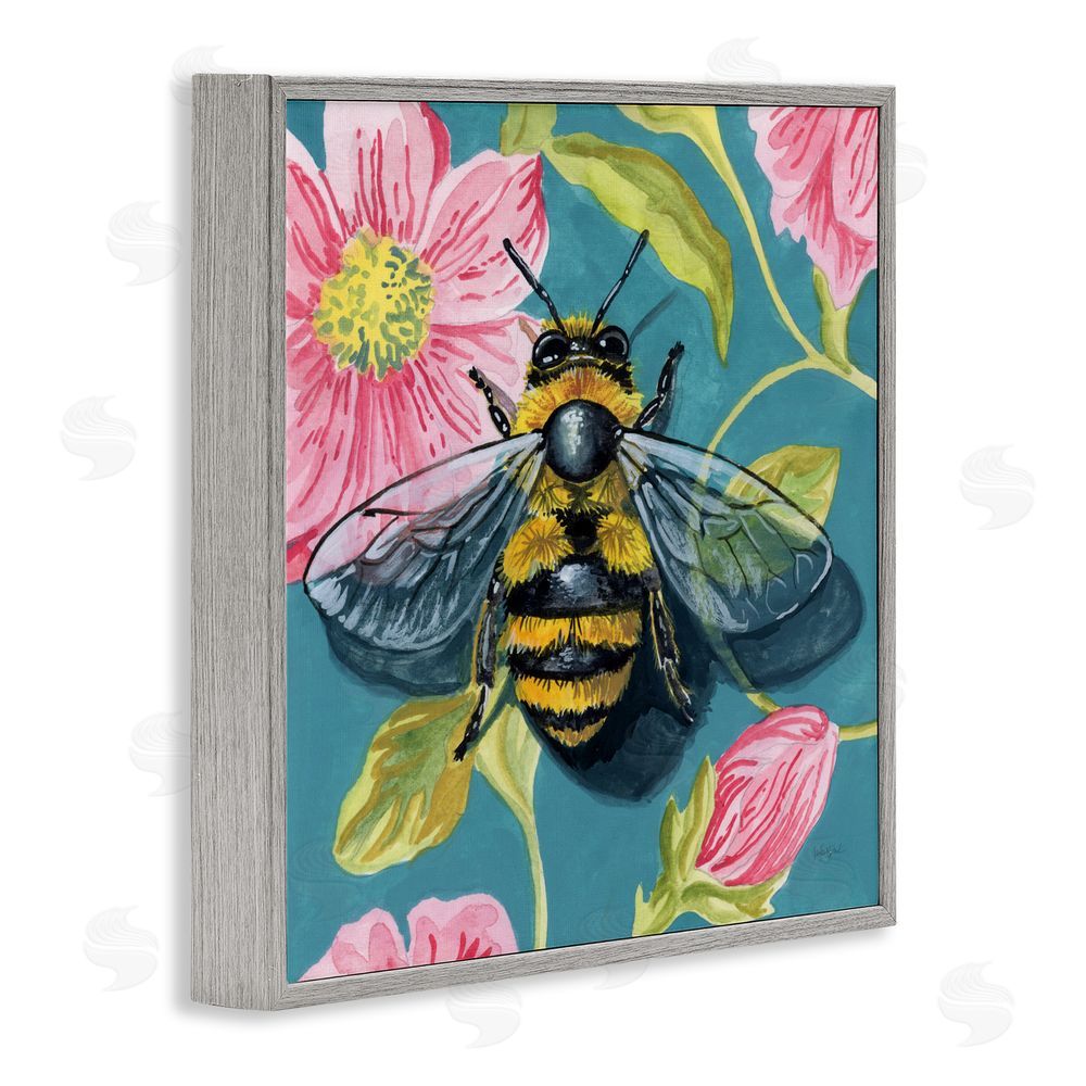 Kate Jarvik Birch Fuzzy Bee On Floral Pattern Gray Framed Giclee Wall Art Print
