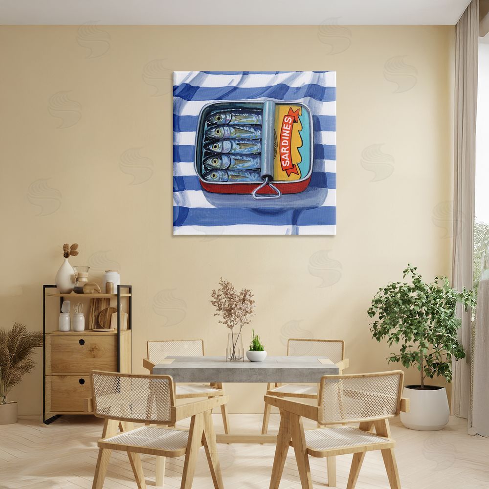 Kate Jarvik Birch Sardines On Striped Cloth Stretched Canvas Wall Art in Room
