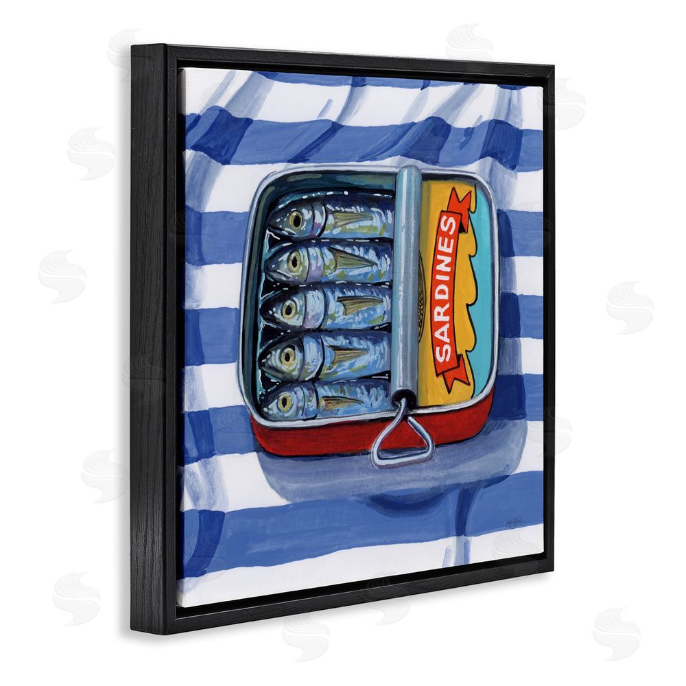 Kate Jarvik Birch Sardines On Striped Cloth Black Floating Frame Canvas Wall Art Print