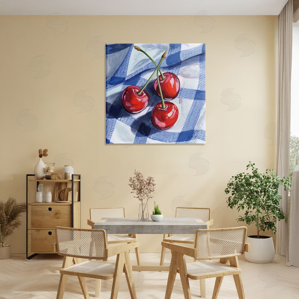 Kate Jarvik Birch Three Picnic Cherries on Gingham Stretched Canvas Wall Art in Room