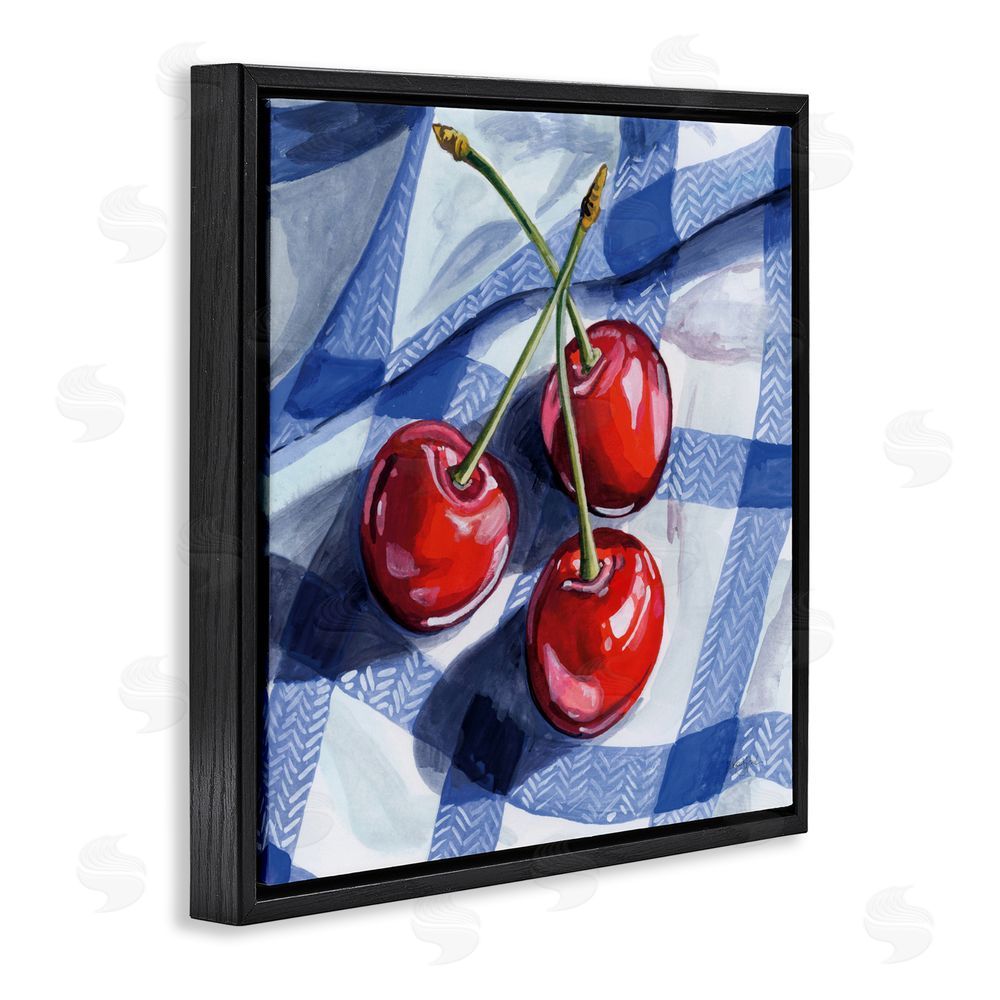 Kate Jarvik Birch Three Picnic Cherries on Gingham Black Floating Frame Canvas Wall Art Print