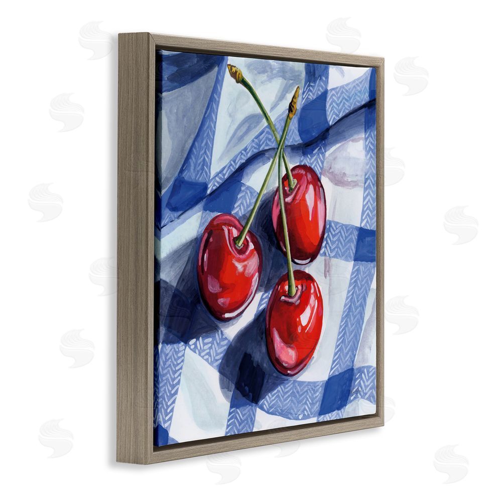 Kate Jarvik Birch Three Picnic Cherries on Gingham Brown Floating Frame Canvas Wall Art Print