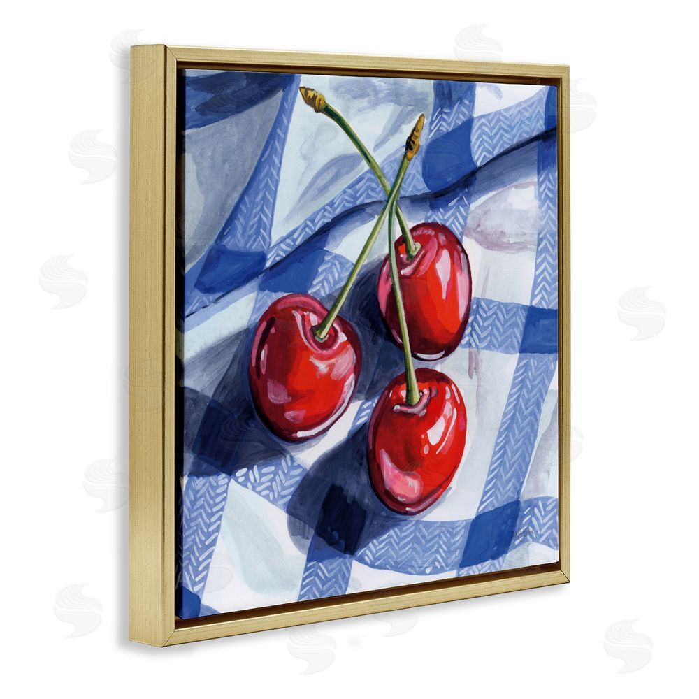 Kate Jarvik Birch Three Picnic Cherries on Gingham Gold Floating Frame Canvas Wall Art Print