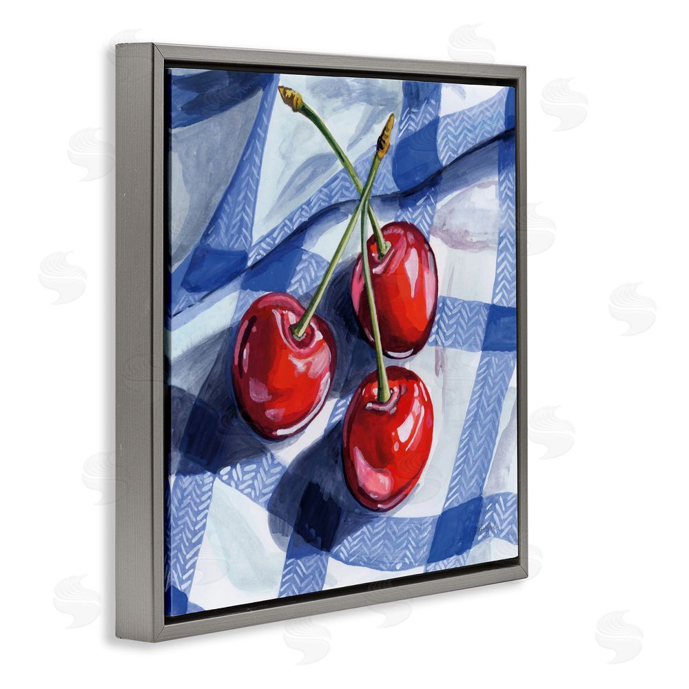 Kate Jarvik Birch Three Picnic Cherries on Gingham Gray Floating Frame Canvas Wall Art Print