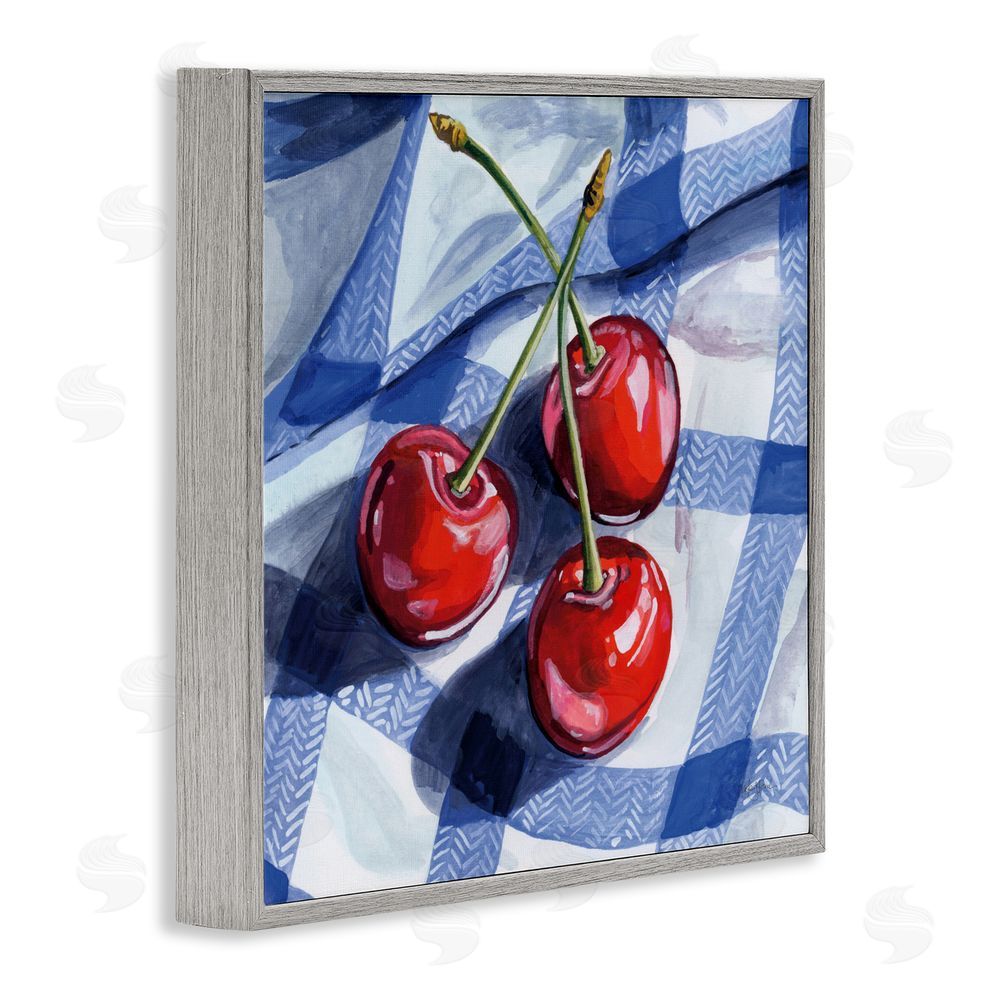 Kate Jarvik Birch Three Picnic Cherries on Gingham Gray Framed Giclee Wall Art Print