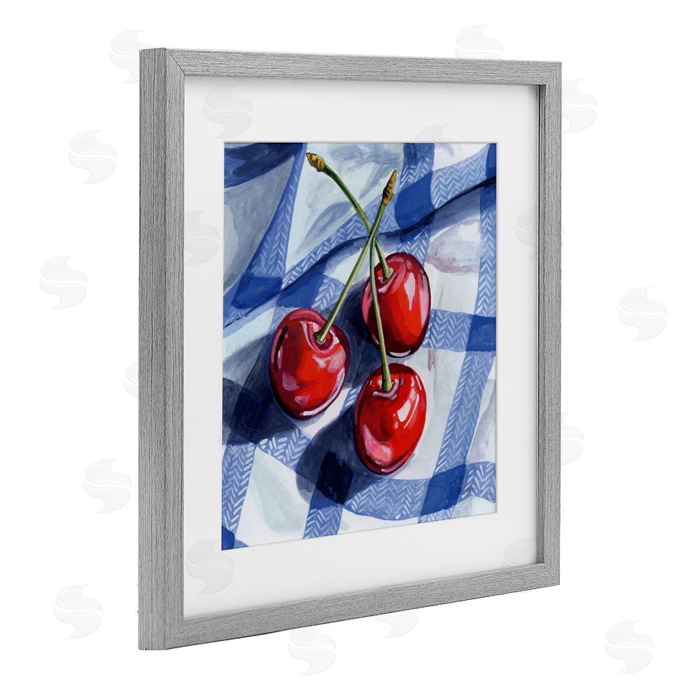 Kate Jarvik Birch Three Picnic Cherries on Gingham Gray Framed Print Under Glass Wall Art