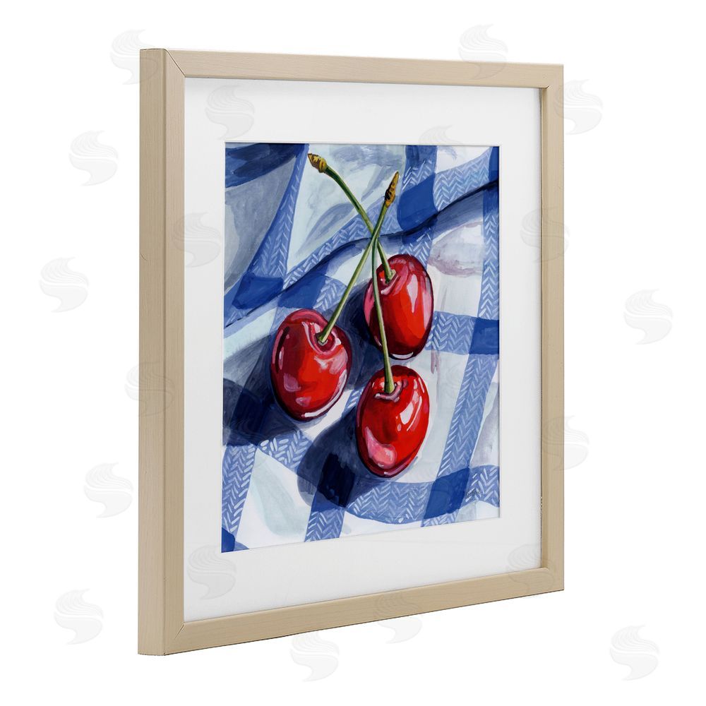 Kate Jarvik Birch Three Picnic Cherries on Gingham Birch Framed Print Under Glass Wall Art
