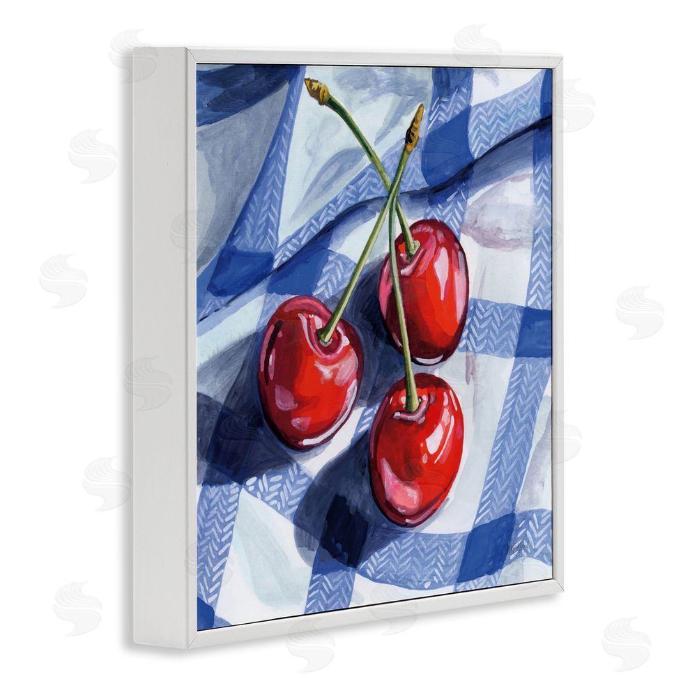 Kate Jarvik Birch Three Picnic Cherries on Gingham White Framed Giclee Wall Art Print