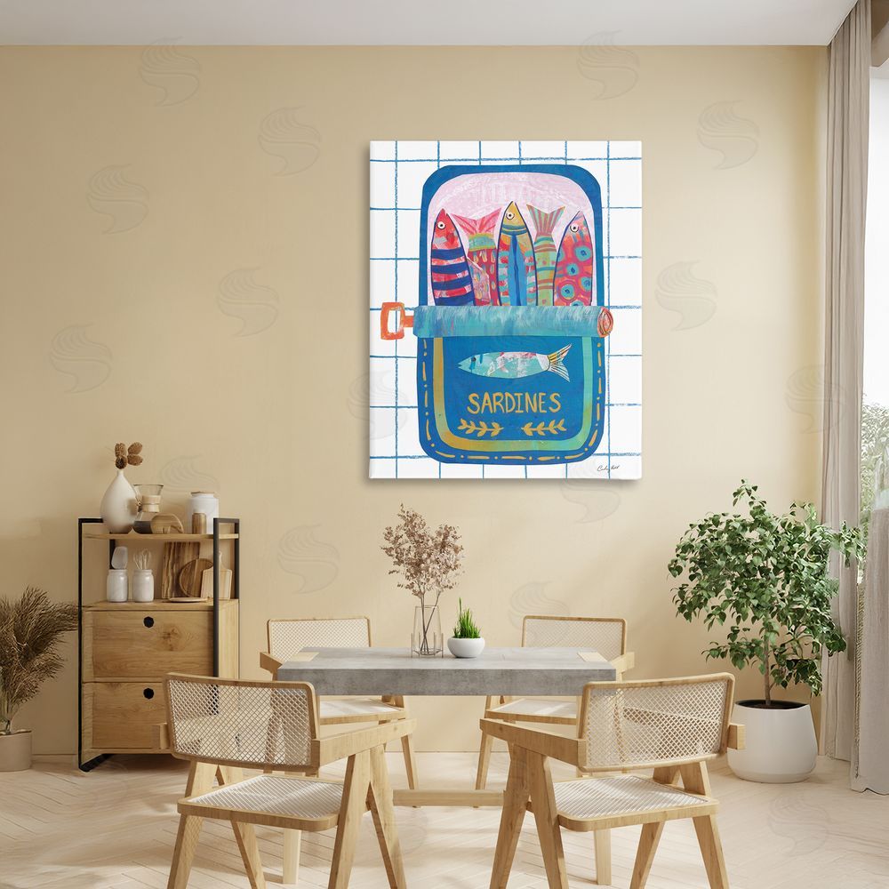 Courtney Prahl Silly Sardines Blue Tin Stretched Canvas Wall Art in Room